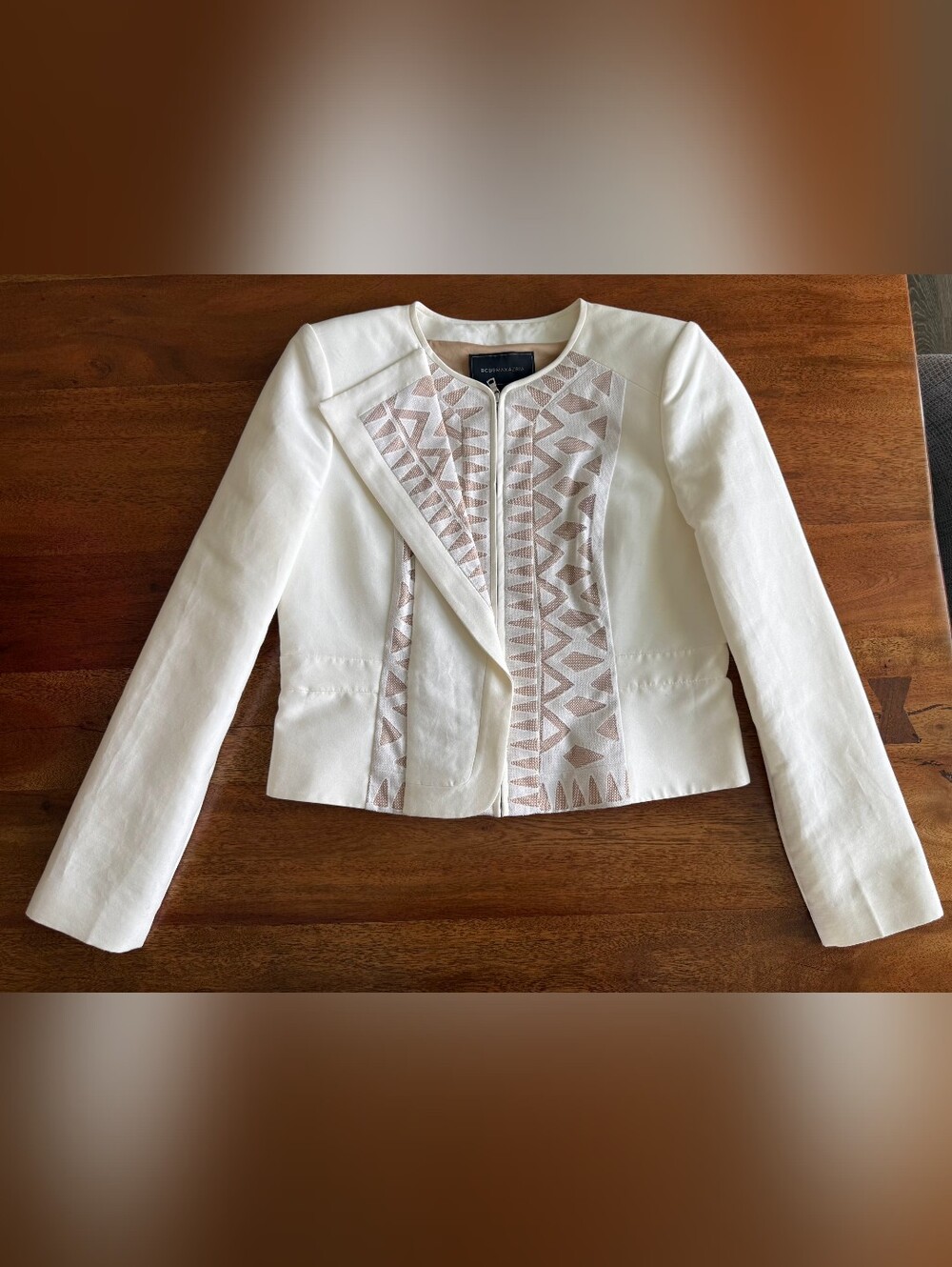 BCBGMAXAZRIA Floyd Womens Off-White Geometric Full Zip Short Jacket Large